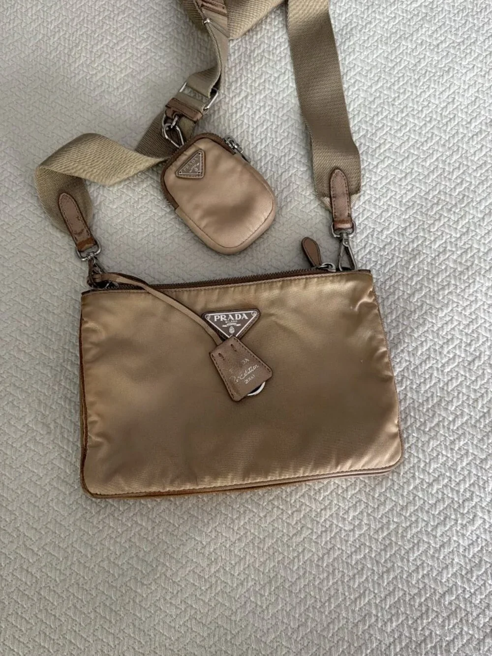 Authentic Prada Nylon Crossbody Bag with Mini Pouch � Beige/Tan
